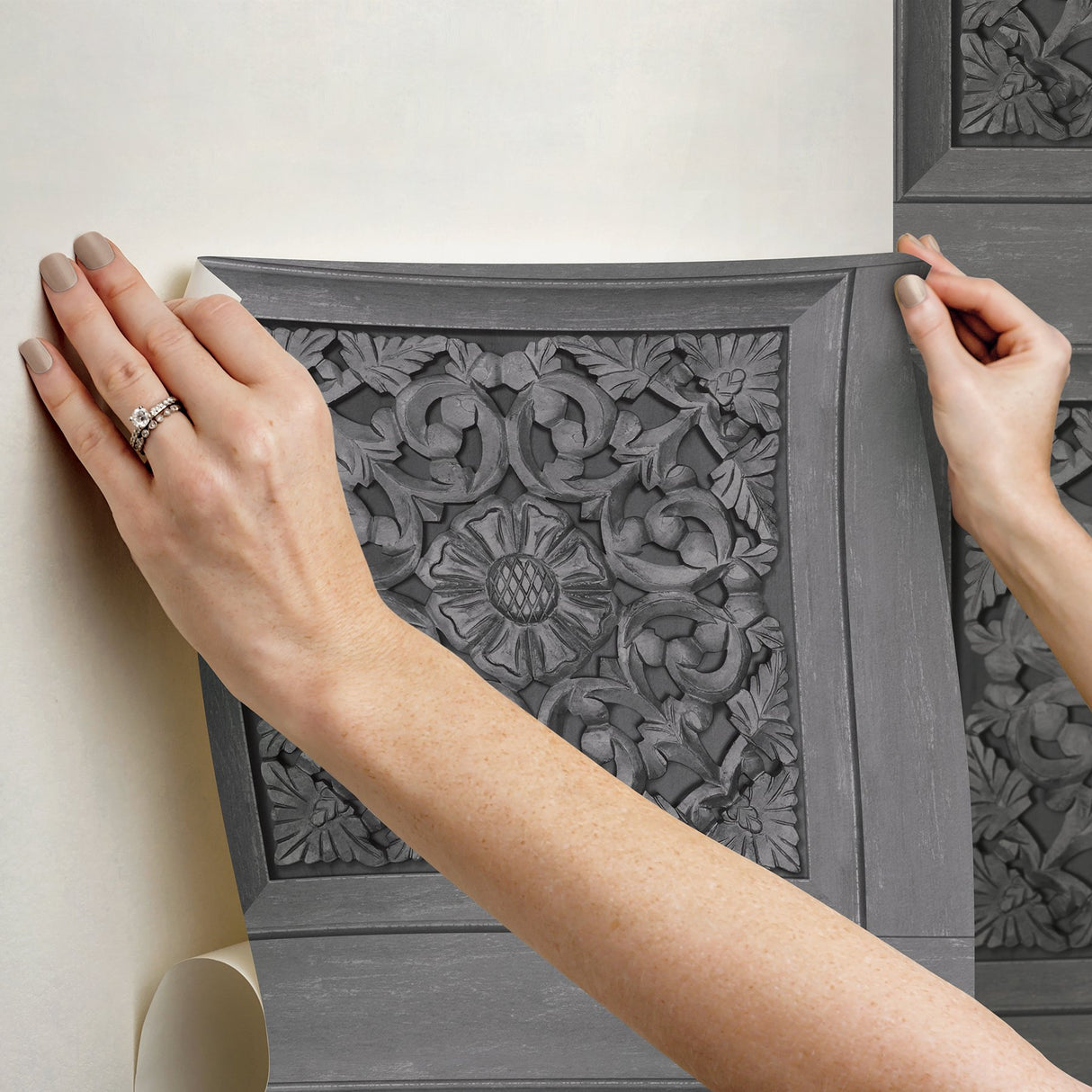 Carved Floral Grey Peel & Stick Wallpaper with Wood Panel Motif - InHome NHS6176