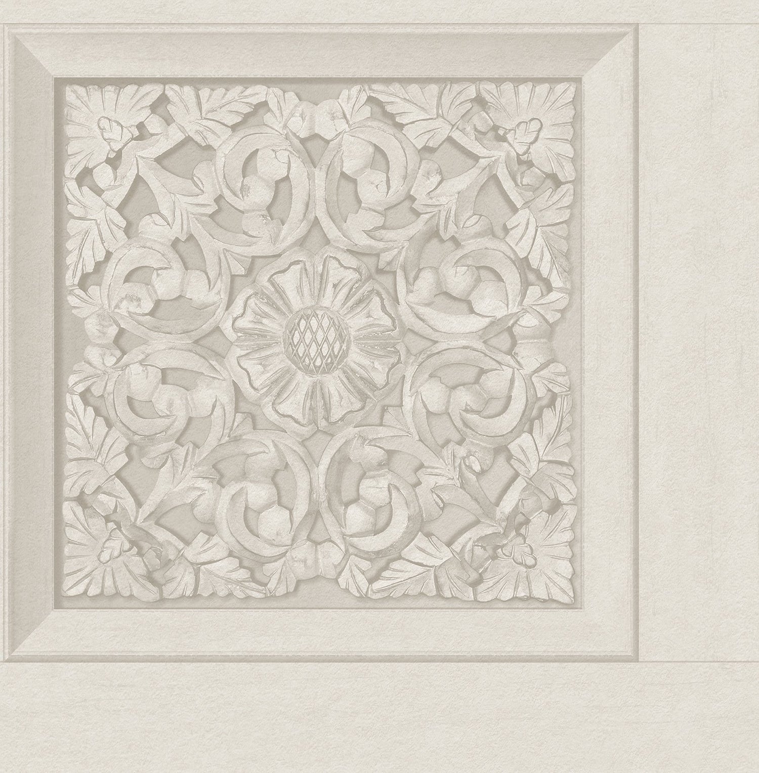 Carved Floral Cream Peel & Stick Wallpaper with Wood Panel Motif - InHome NHS6177
