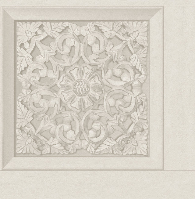 Carved Floral Cream Peel & Stick Wallpaper with Wood Panel Motif - InHome NHS6177