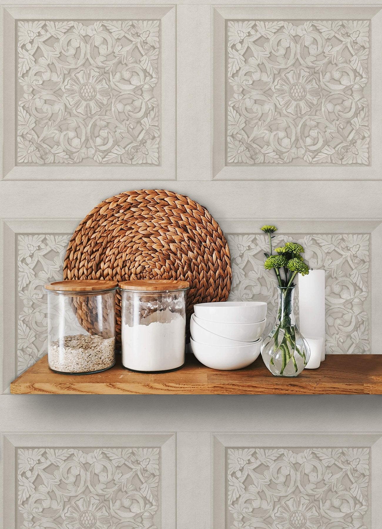 Carved Floral Cream Peel & Stick Wallpaper with Wood Panel Motif - InHome NHS6177