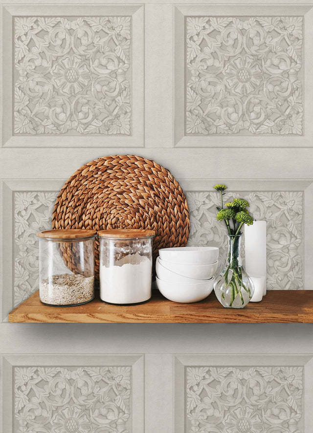 Carved Floral Cream Peel & Stick Wallpaper with Wood Panel Motif - InHome NHS6177