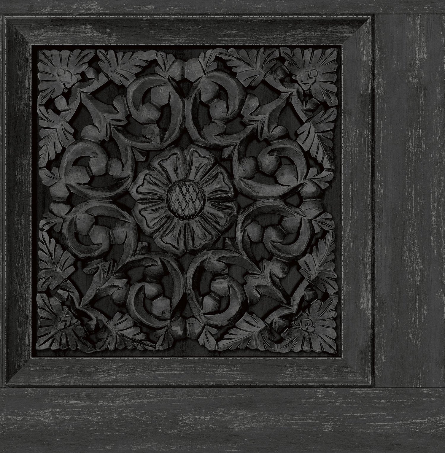 Carved Floral Black Wallpaper with Traditional Wood Carving Motif Peel & Stick - InHome NHS6178