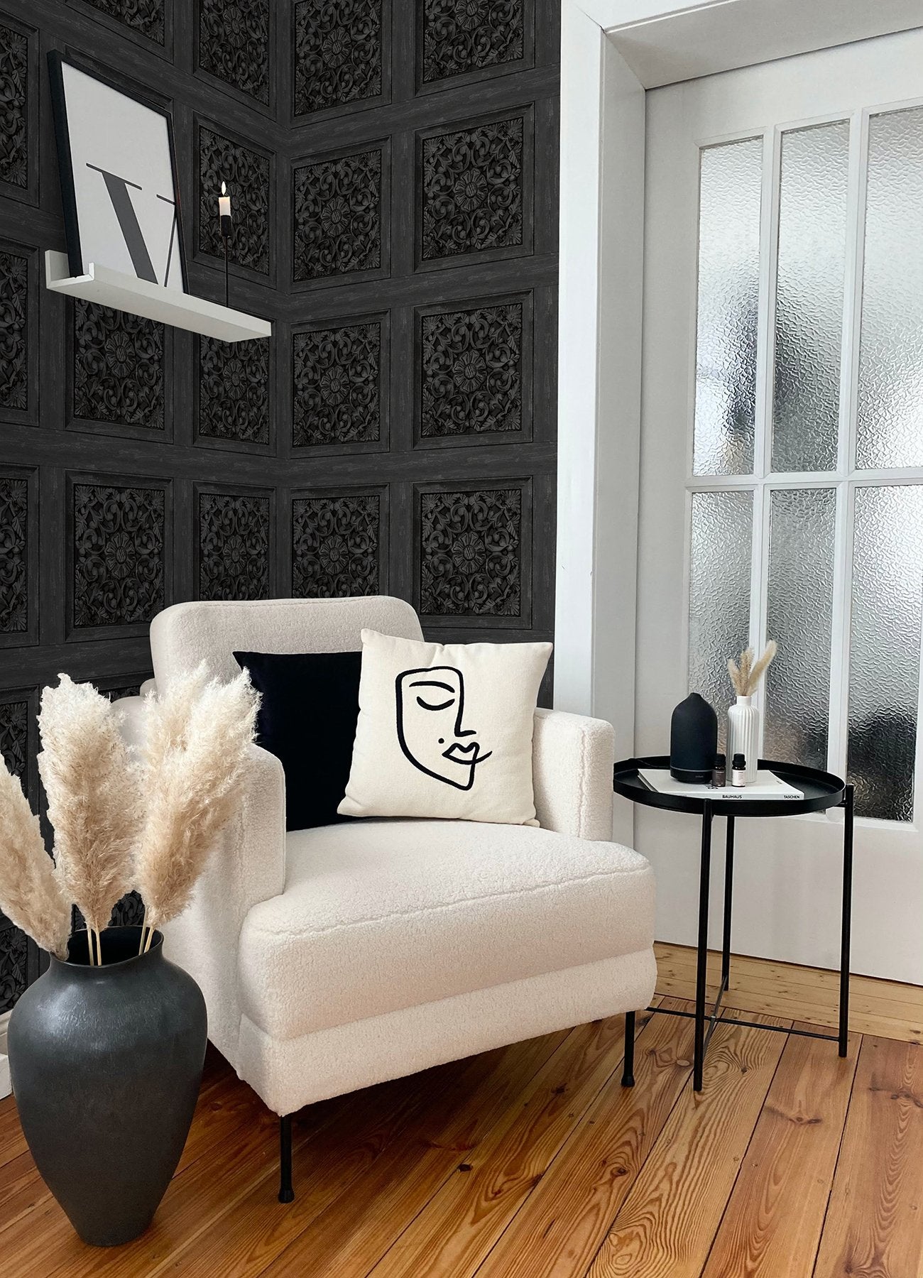 Carved Floral Black Wallpaper with Traditional Wood Carving Motif Peel & Stick - InHome NHS6178