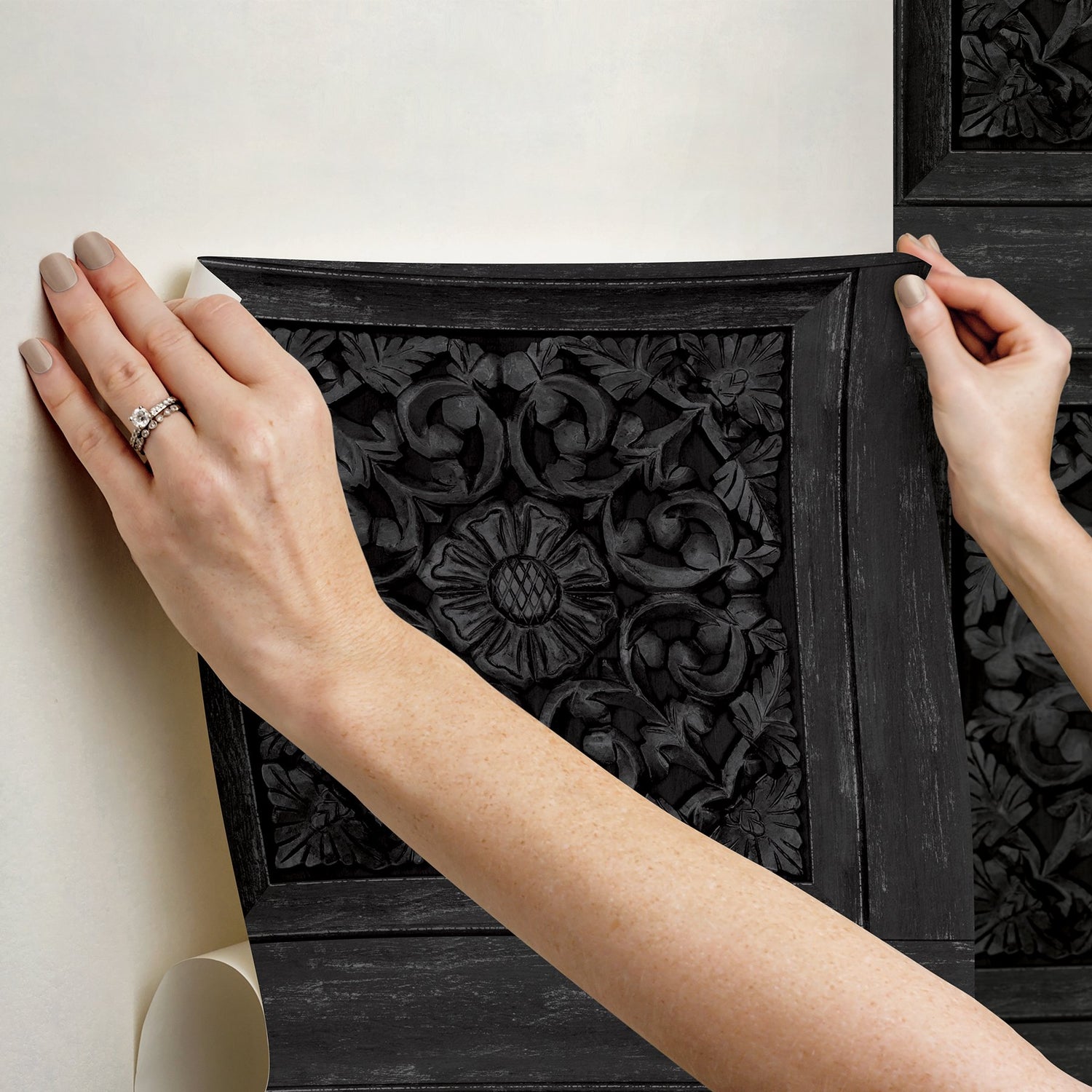 Carved Floral Black Wallpaper with Traditional Wood Carving Motif Peel & Stick - InHome NHS6178