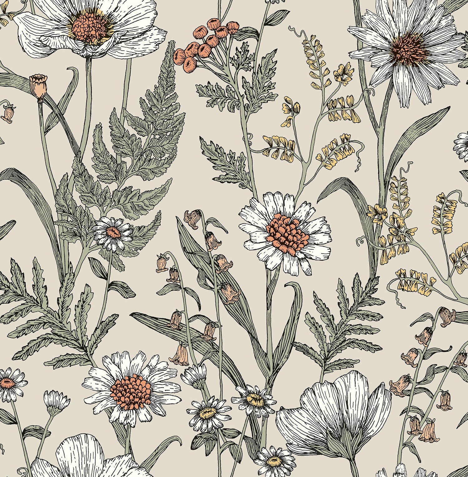 Spring Meadow Cream Peel & Stick Wallpaper with Botanical Flowers Pattern - InHome NHS6179