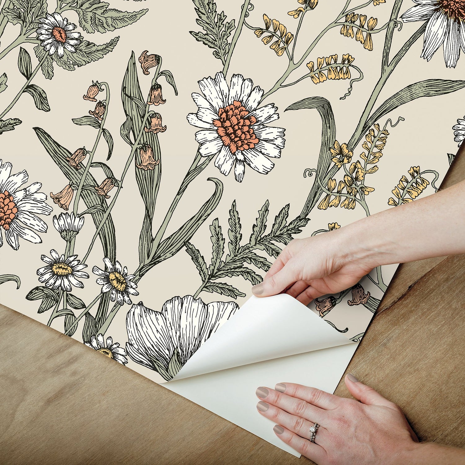 Spring Meadow Cream Peel & Stick Wallpaper with Botanical Flowers Pattern - InHome NHS6179