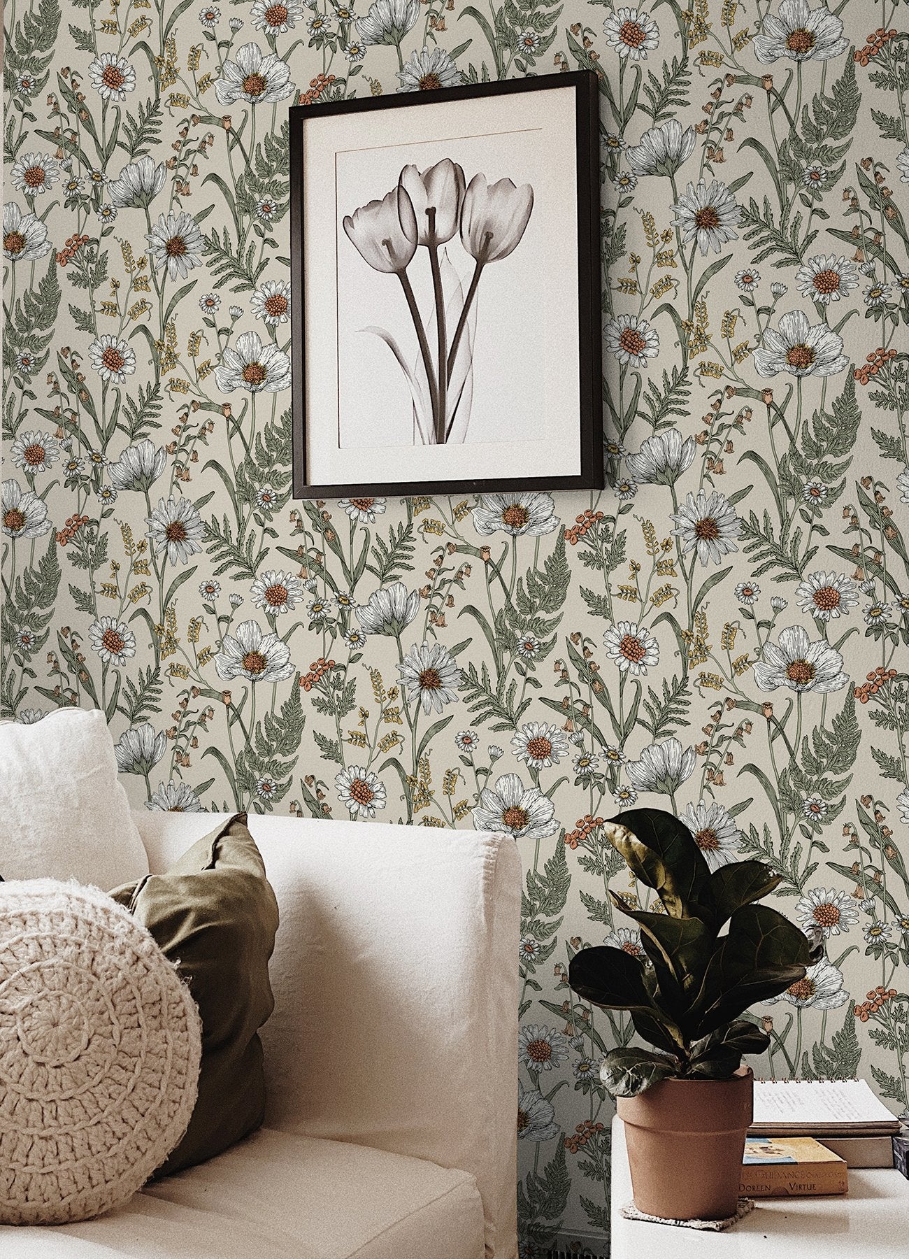Spring Meadow Cream Peel & Stick Wallpaper with Botanical Flowers Pattern - InHome NHS6179