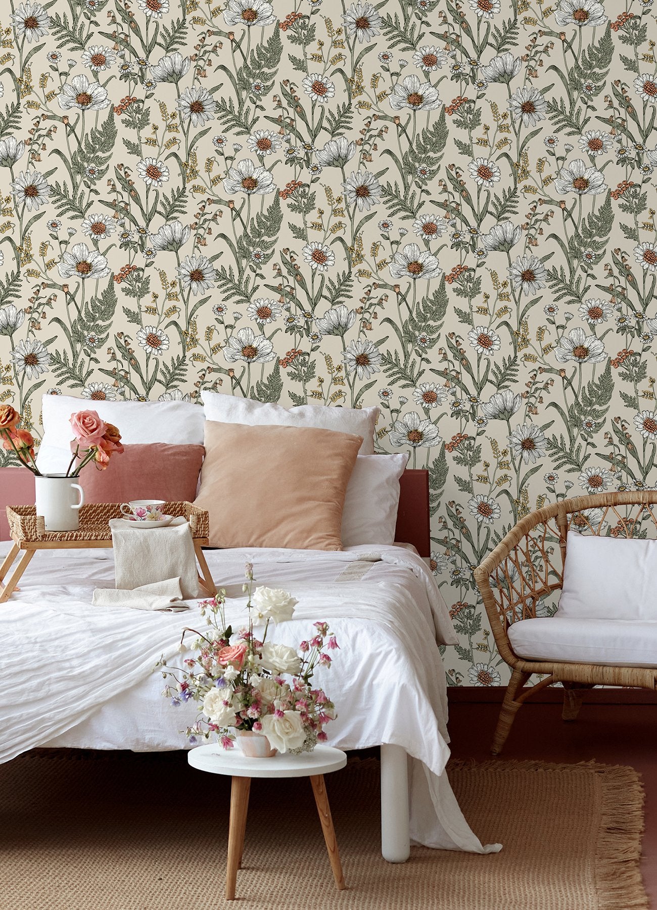 Spring Meadow Cream Peel & Stick Wallpaper with Botanical Flowers Pattern - InHome NHS6179