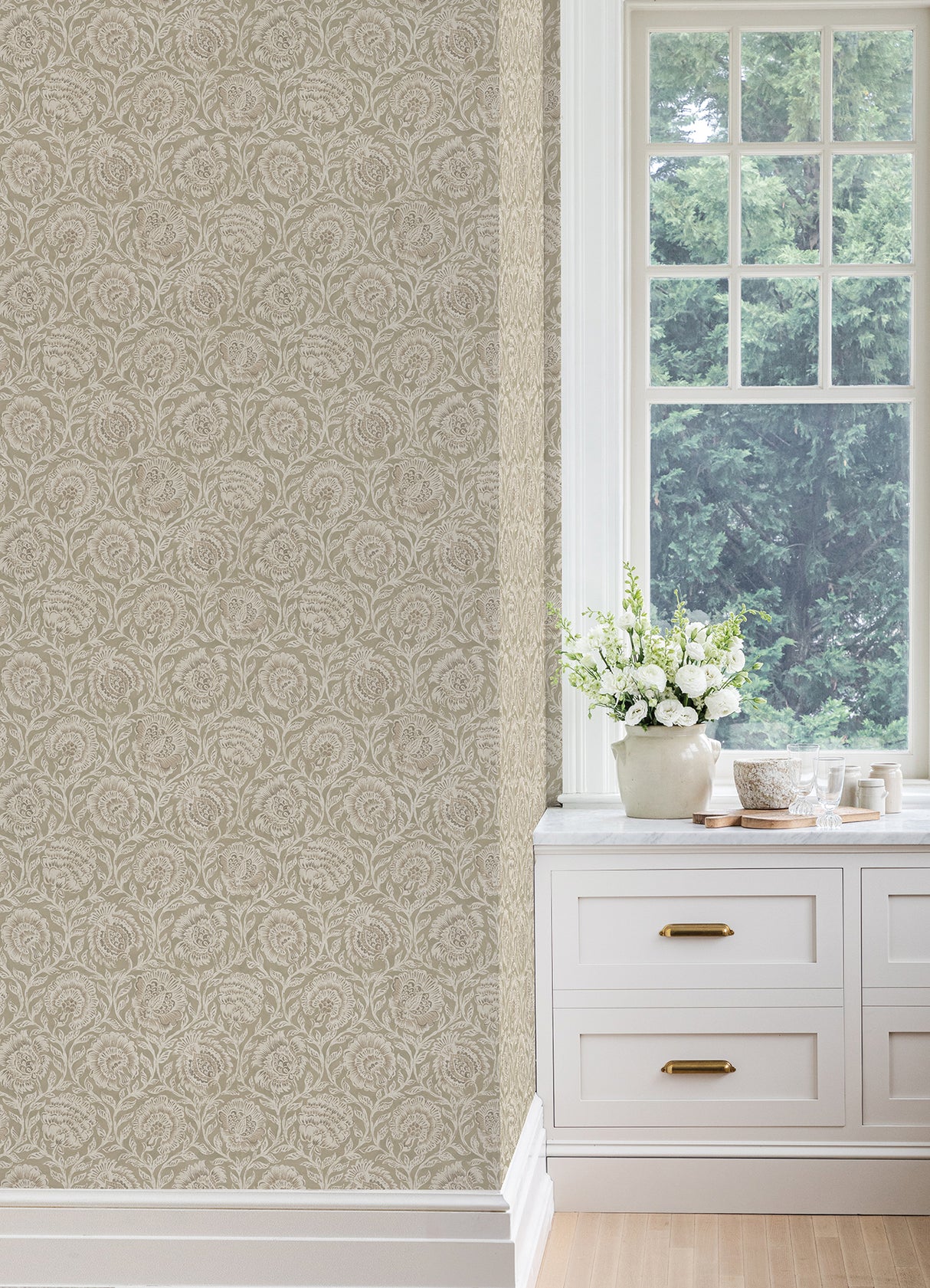 Aliviya Pistachio by NuWallpaper Nabela Noor Home Heritage-Inspired Botanical Floral Block Print Transitional Peel and Stick Wallpaper - NNS6506