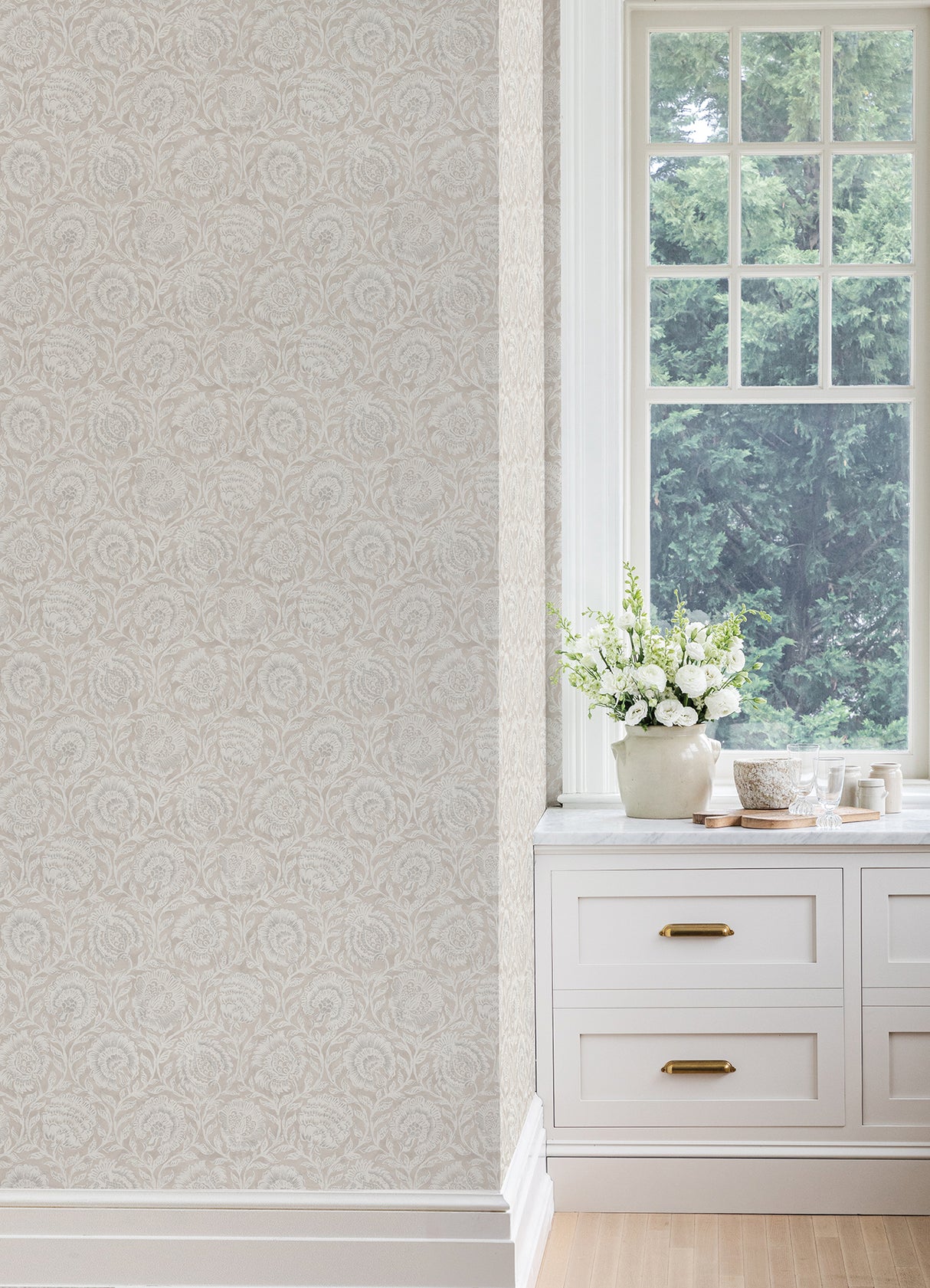 Aliviya Wheat Neutral Botanical Floral Block Print Peel and Stick Wallpaper by NuWallpaper Nabela Noor Home Collection - NNS6507