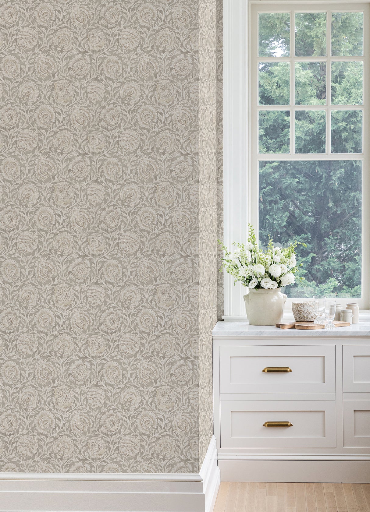 Aliviya Peppercorn by NuWallpaper Botanical Floral Block Print Peel and Stick Wallpaper from the Nabela Noor Home Collection - NNS6508