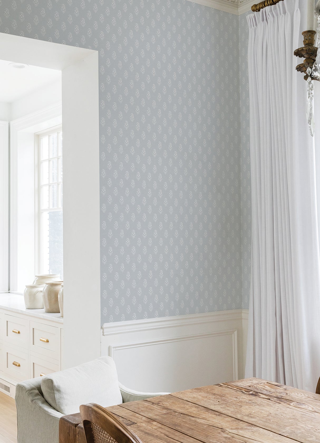 Safia Coast Blue and White Linen-Inspired Indian Floral Buta Block Print Peel and Stick Wallpaper by NuWallpaper for Nabela Noor Home - NNS6511