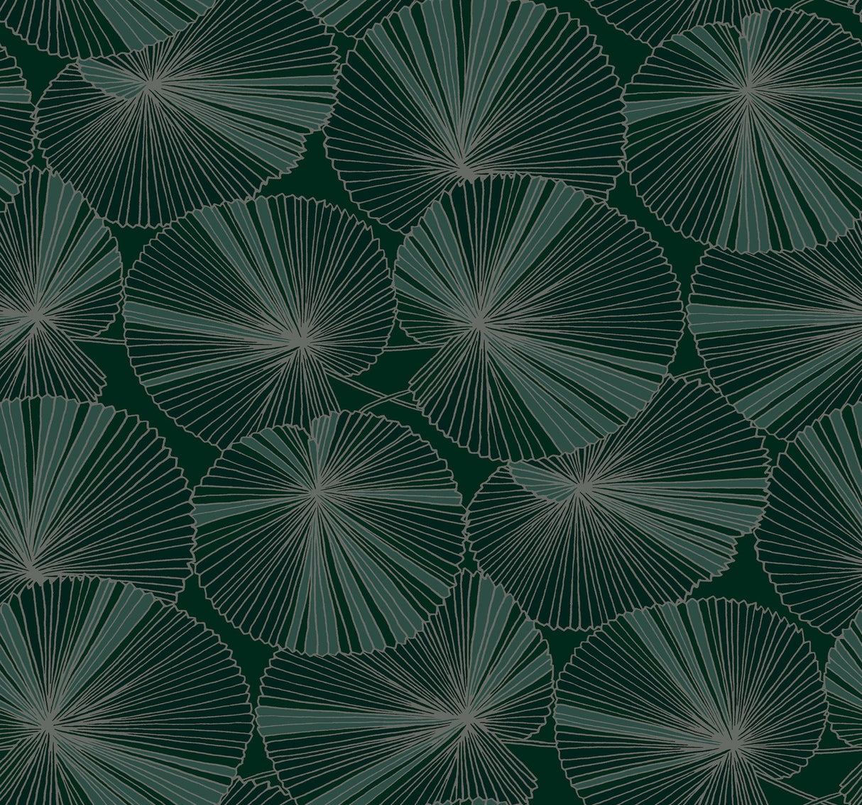 Layered Deep Green Lily Pads Wallpaper with Metallic Botanical Tropical Motif - York NT6111