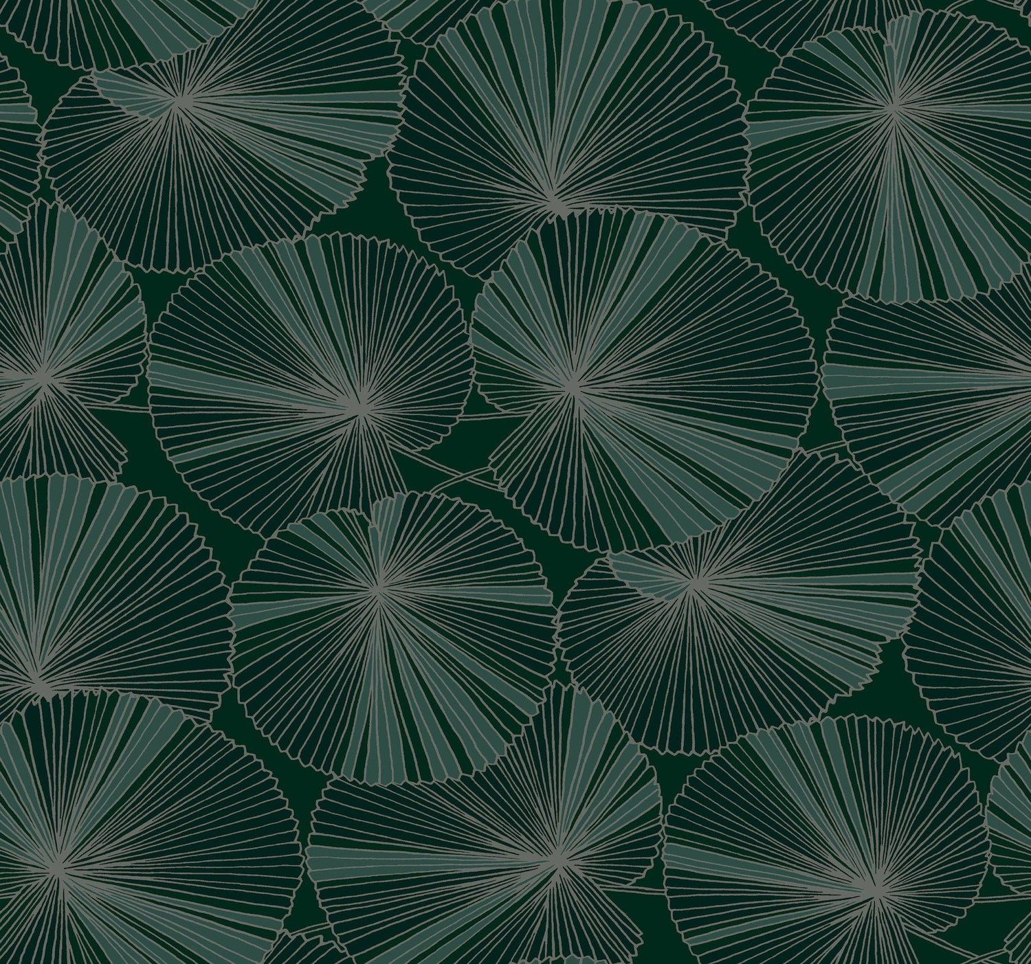 Layered Deep Green Lily Pads Wallpaper with Metallic Botanical Tropical Motif - York NT6111