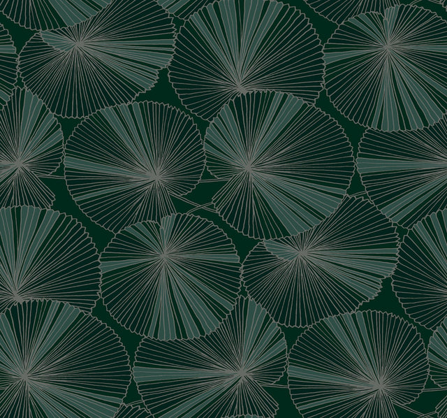 Layered Deep Green Lily Pads Wallpaper with Metallic Botanical Tropical Motif - York NT6111