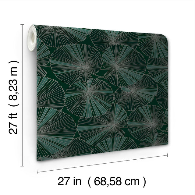 Layered Deep Green Lily Pads Wallpaper with Metallic Botanical Tropical Motif - York NT6111