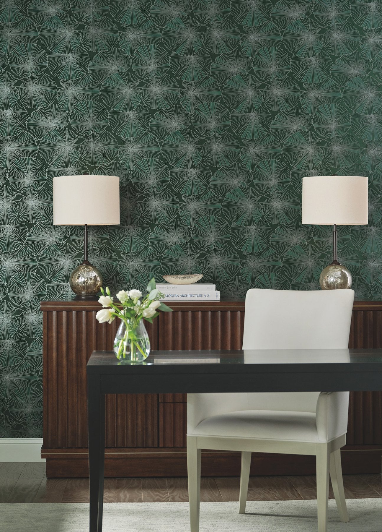Layered Deep Green Lily Pads Wallpaper with Metallic Botanical Tropical Motif - York NT6111