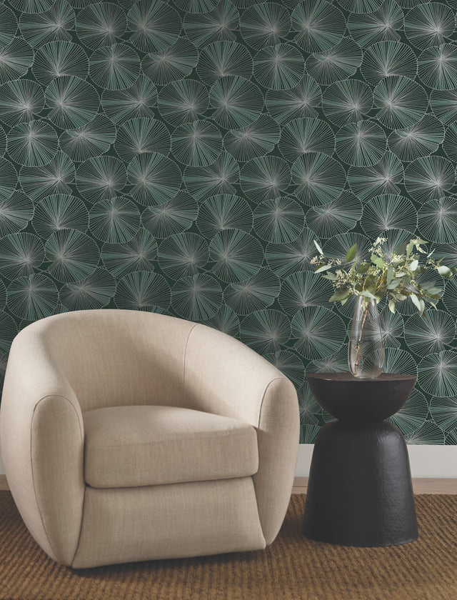 Layered Deep Green Lily Pads Wallpaper with Metallic Botanical Tropical Motif - York NT6111