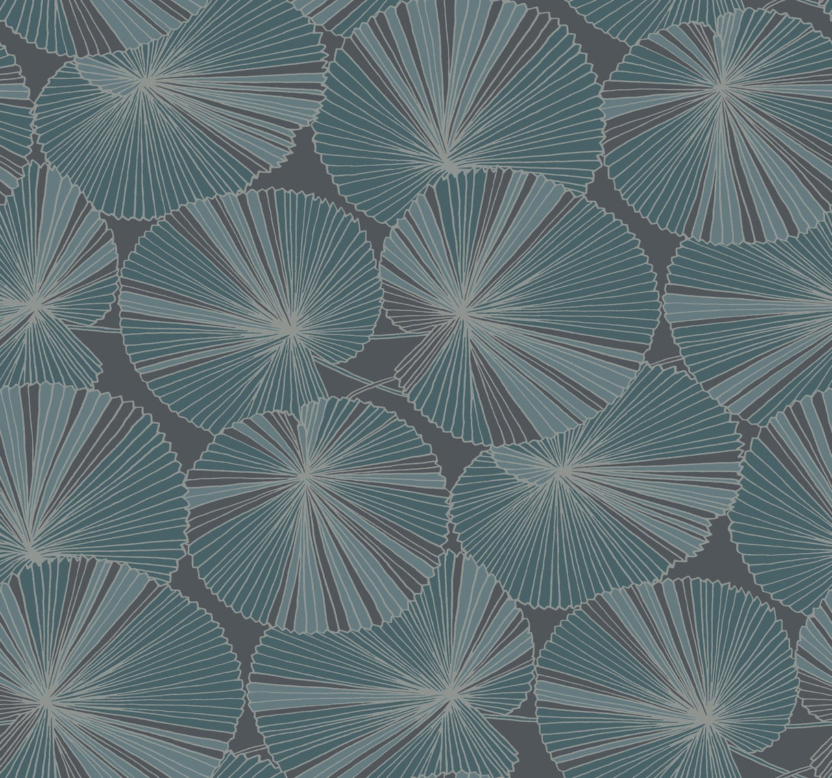 Layered Deep Blue Lily Pads Wallpaper with Tropical Botanical Pattern - York NT6113