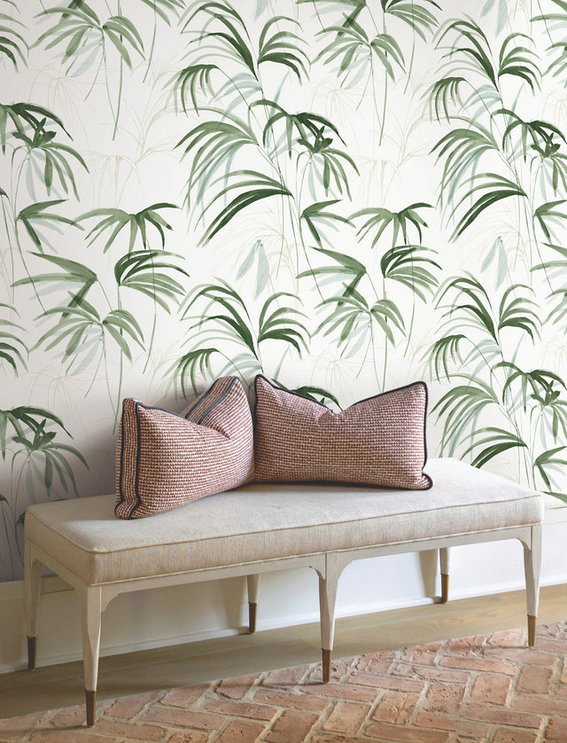 Inky Green Palms Wallpaper Green with Tropical Botanical Palm Pattern - York NT6121