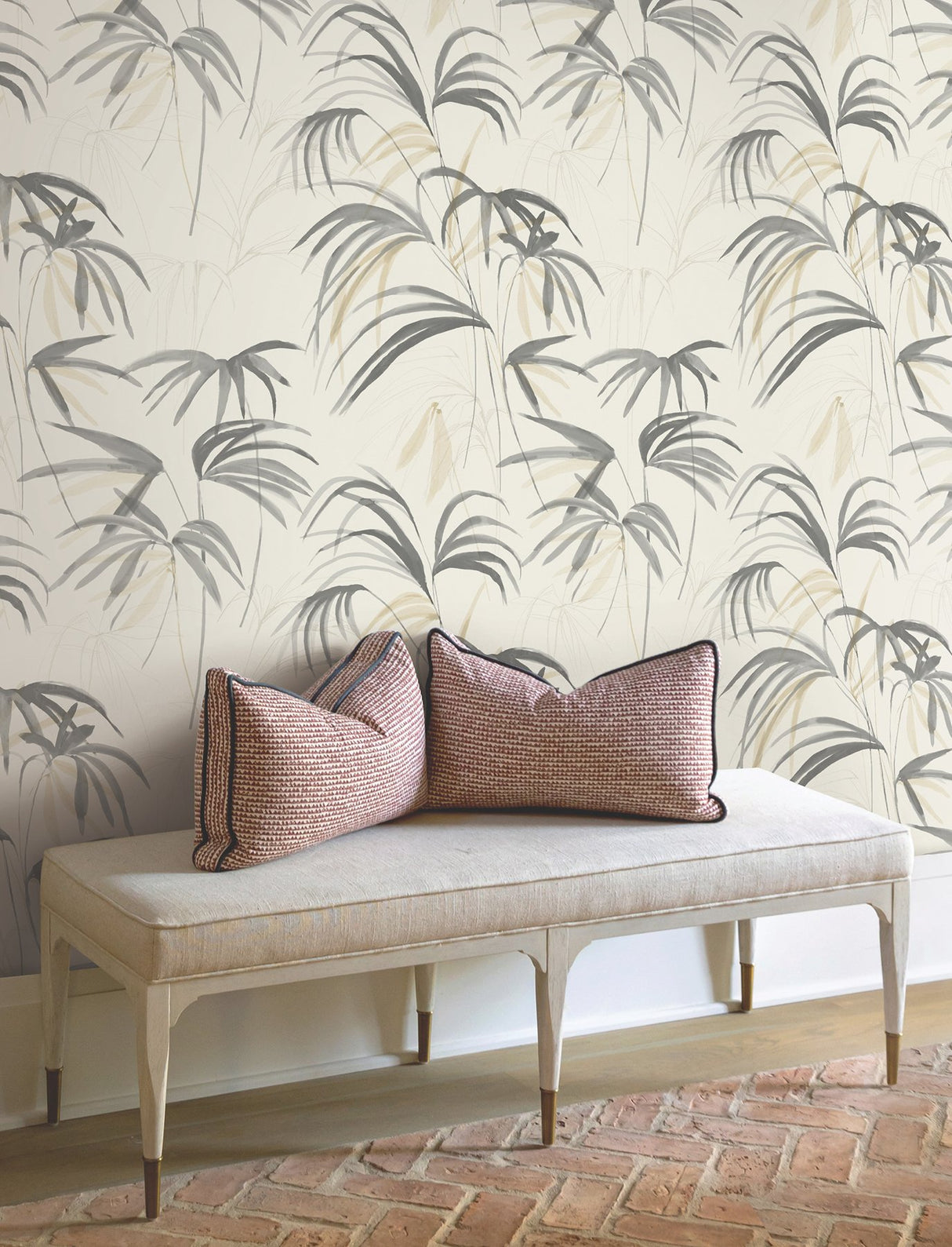 Inky Warm Neutral Palms Wallpaper with Tropical Botanical Palm Sketch - York NT6125