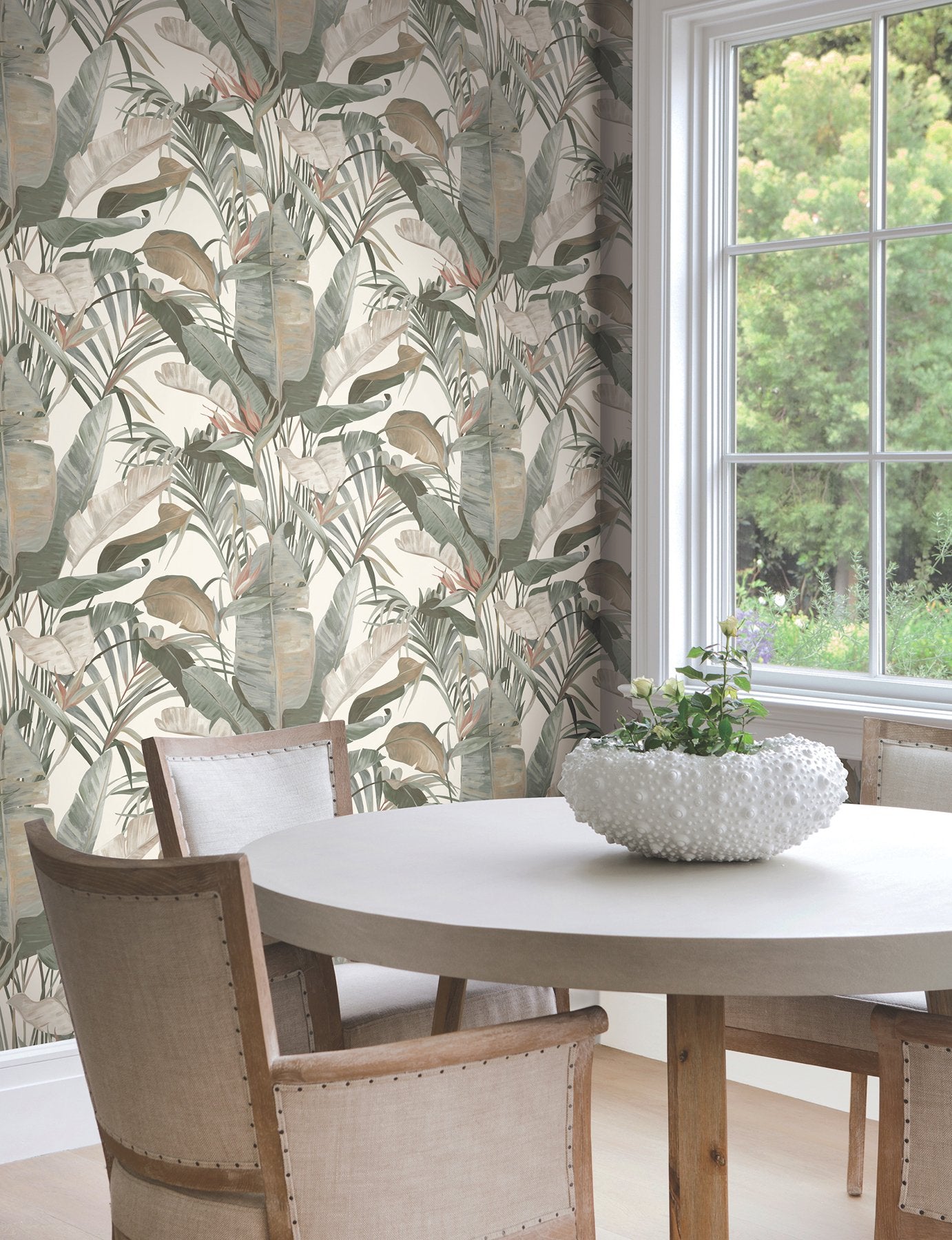 Tropical Cabana White Wallpaper with Tropical Banana Leaf Motif - York NT6131