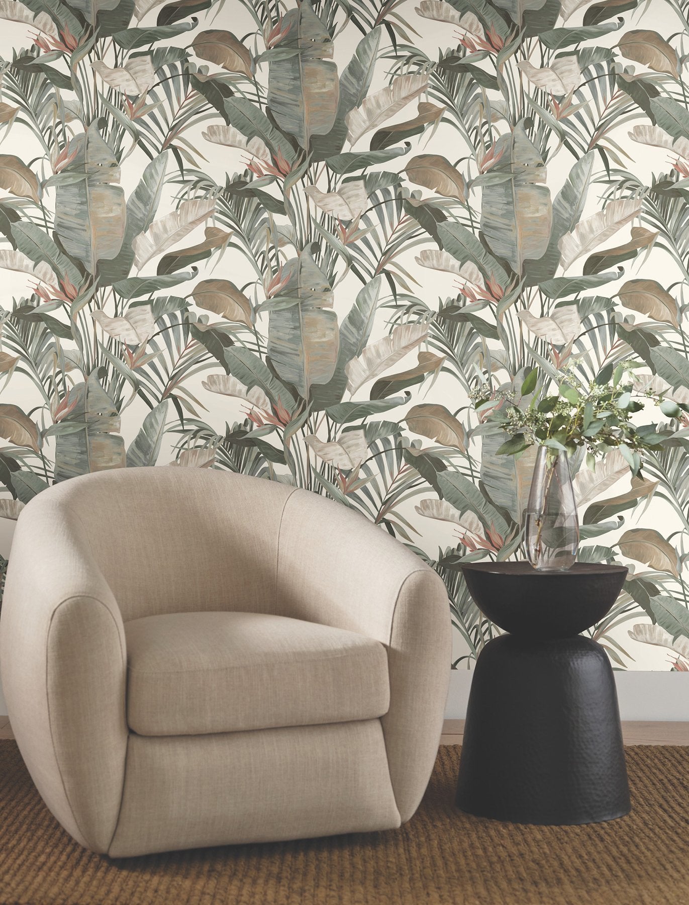 Tropical Cabana White Wallpaper with Tropical Banana Leaf Motif - York NT6131