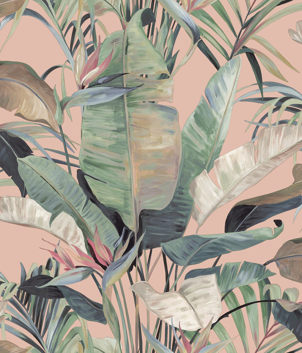 Tropical Cabana Coral Wallpaper with Tropical Banana Leaf Motif - York NT6132