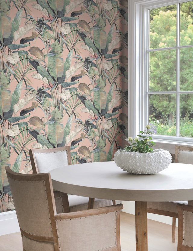 Tropical Cabana Coral Wallpaper with Tropical Banana Leaf Motif - York NT6132