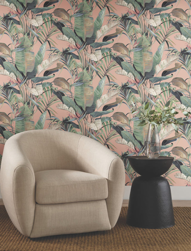 Tropical Cabana Coral Wallpaper with Tropical Banana Leaf Motif - York NT6132