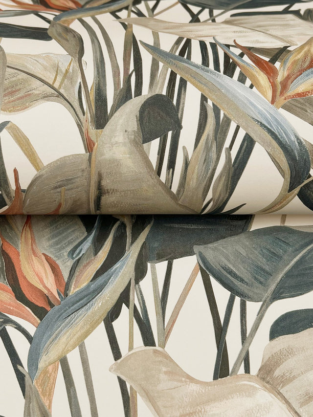 Tropical Cabana Plush Neutral Wallpaper with Tropical Banana Leaf Motif - York NT6133