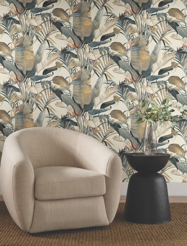 Tropical Cabana Plush Neutral Wallpaper with Tropical Banana Leaf Motif - York NT6133