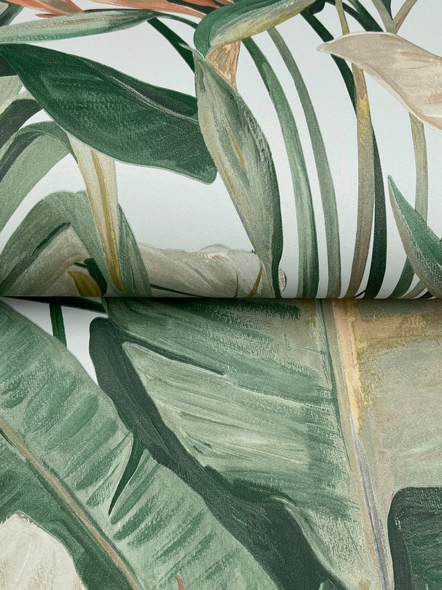 Tropical Spa Cabana Blue Wallpaper with Tropical Banana Leaf Motif - York NT6134