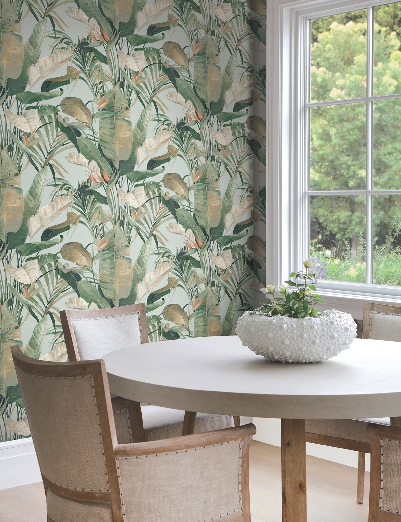 Tropical Spa Cabana Blue Wallpaper with Tropical Banana Leaf Motif - York NT6134
