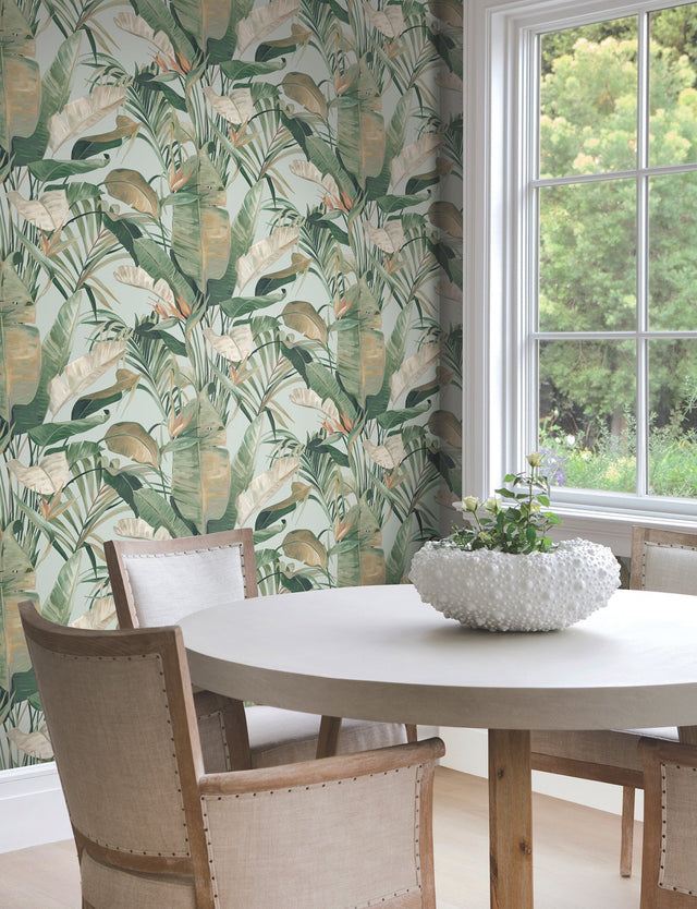 Tropical Spa Cabana Blue Wallpaper with Tropical Banana Leaf Motif - York NT6134