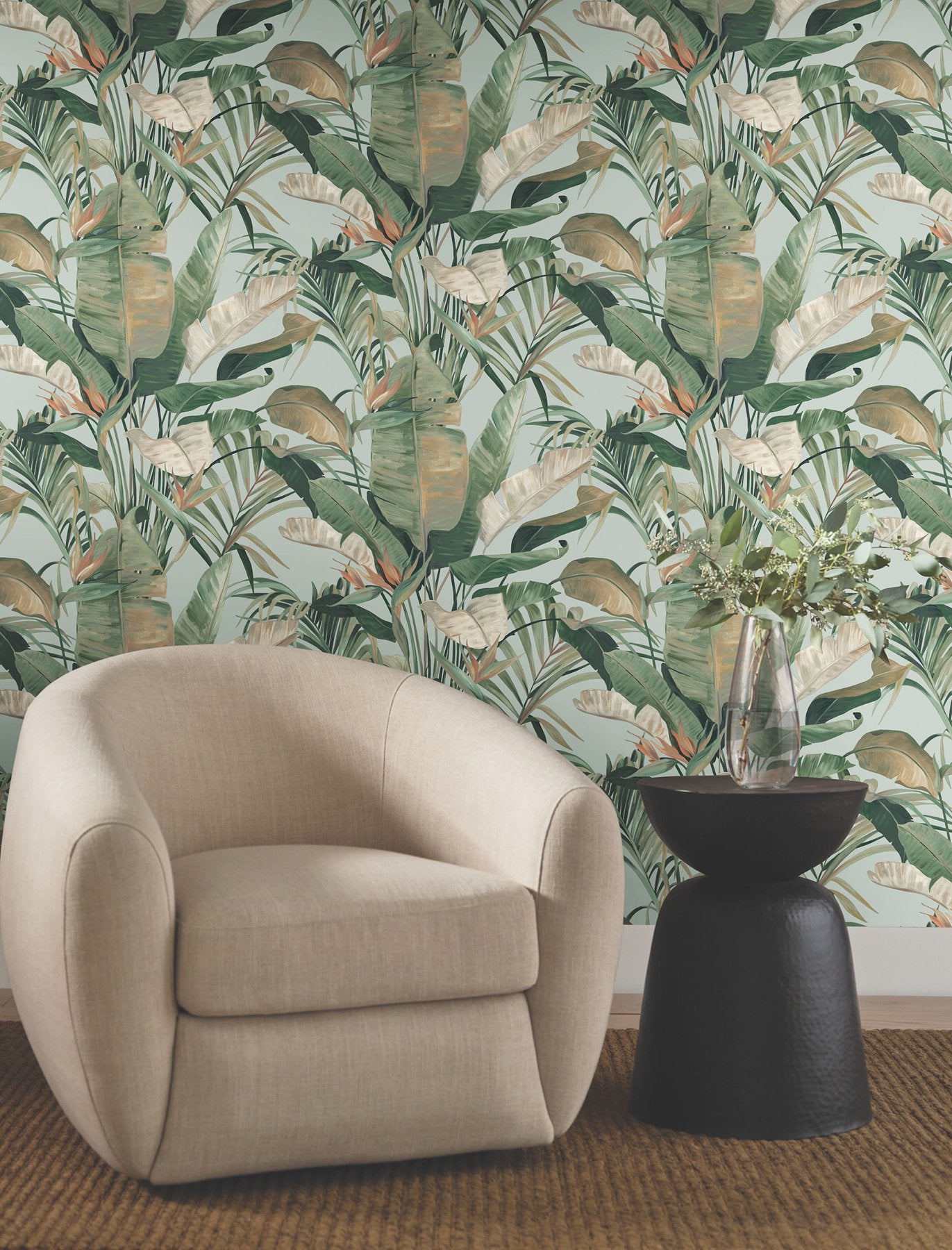 Tropical Spa Cabana Blue Wallpaper with Tropical Banana Leaf Motif - York NT6134