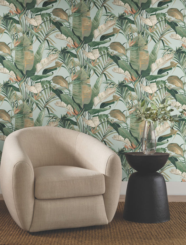 Tropical Spa Cabana Blue Wallpaper with Tropical Banana Leaf Motif - York NT6134