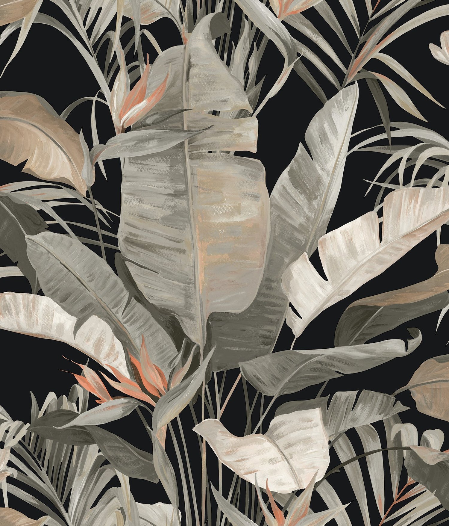 Tropical Black Cabana Wallpaper with Painterly Banana Leaf Motif - York NT6135