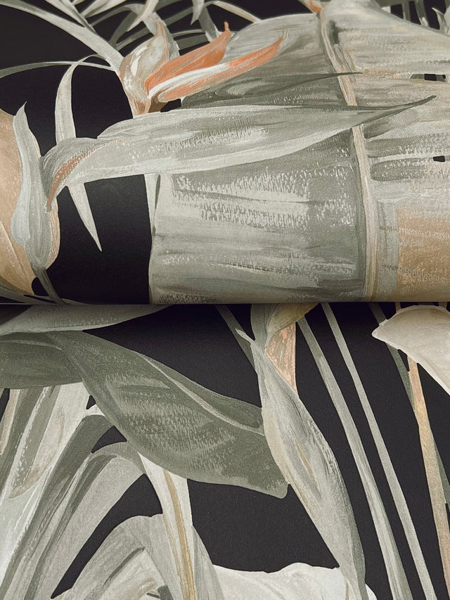 Tropical Black Cabana Wallpaper with Painterly Banana Leaf Motif - York NT6135