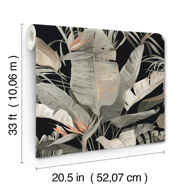Tropical Black Cabana Wallpaper with Painterly Banana Leaf Motif - York NT6135