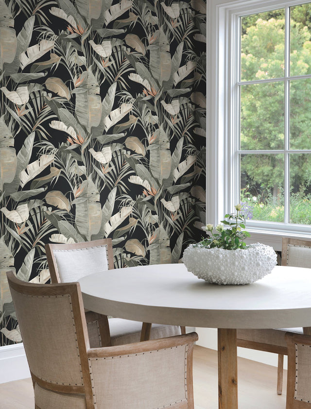 Tropical Black Cabana Wallpaper with Painterly Banana Leaf Motif - York NT6135