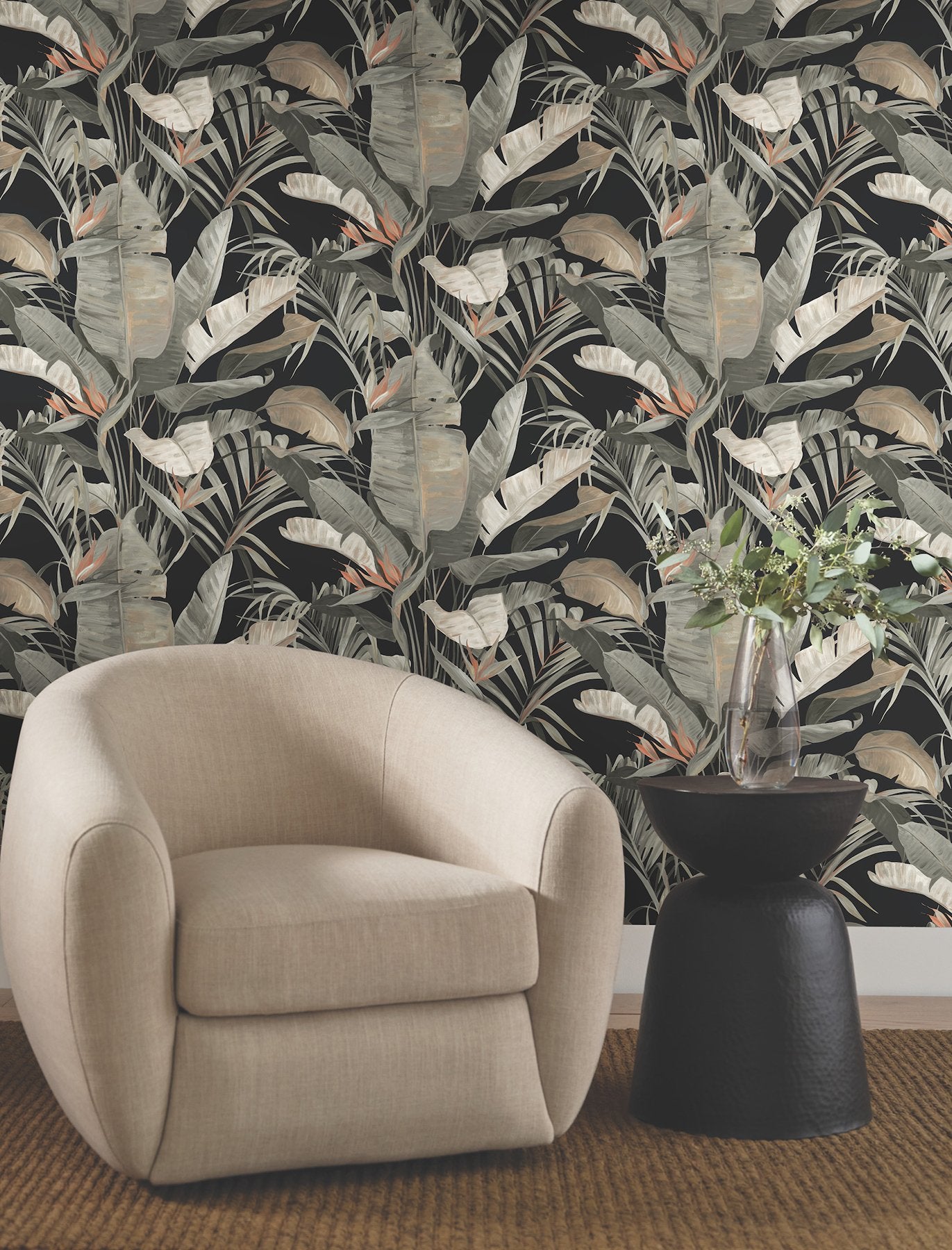 Tropical Black Cabana Wallpaper with Painterly Banana Leaf Motif - York NT6135