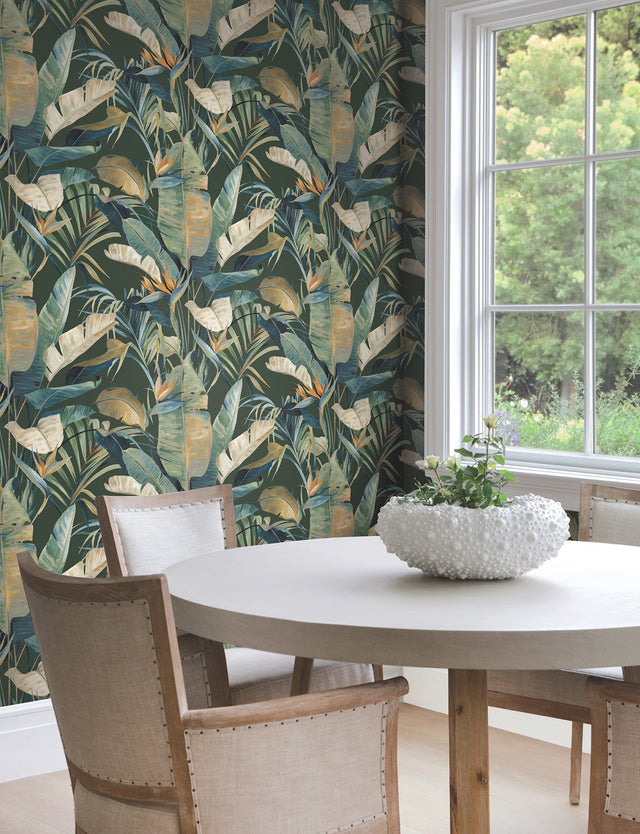 Tropical Green Cabana Wallpaper with Tropical Banana Leaf Motif - York NT6136