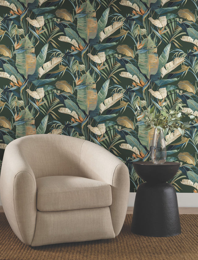 Tropical Green Cabana Wallpaper with Tropical Banana Leaf Motif - York NT6136