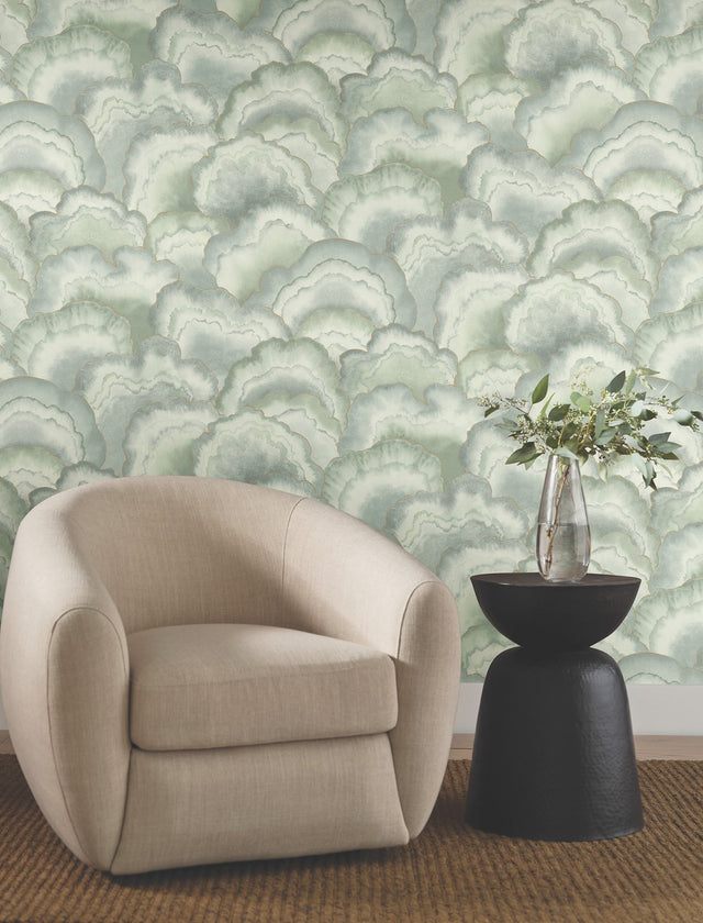 Abalone Seaglass Fans Wallpaper with Metallic Watercolor Fan Motif - York NT6181