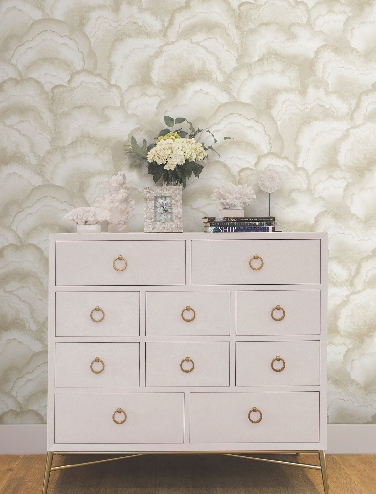 Abalone Fans Sand Wallpaper with Metallic Bohemian Pattern - York NT6182SAM