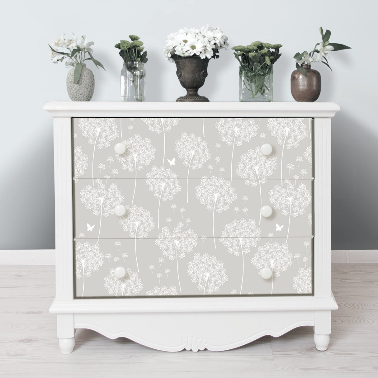Dandelion Grey Peel & Stick Wallpaper with Nature Floral Motif - NuWallpaper NU1651