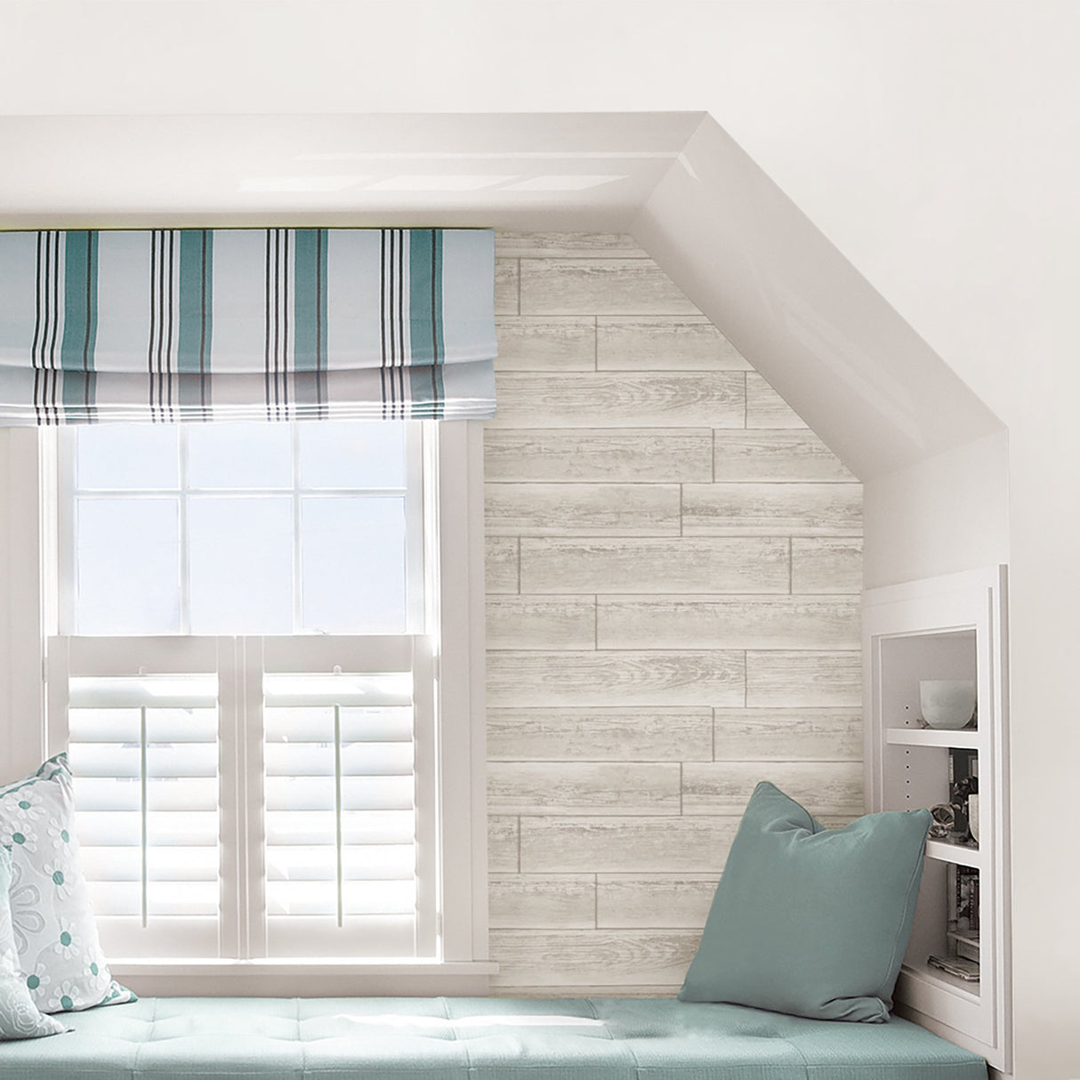 Serene Cream Peel & Stick Wallpaper with Wood Look Plank Motif - NuWallpaper NU1930