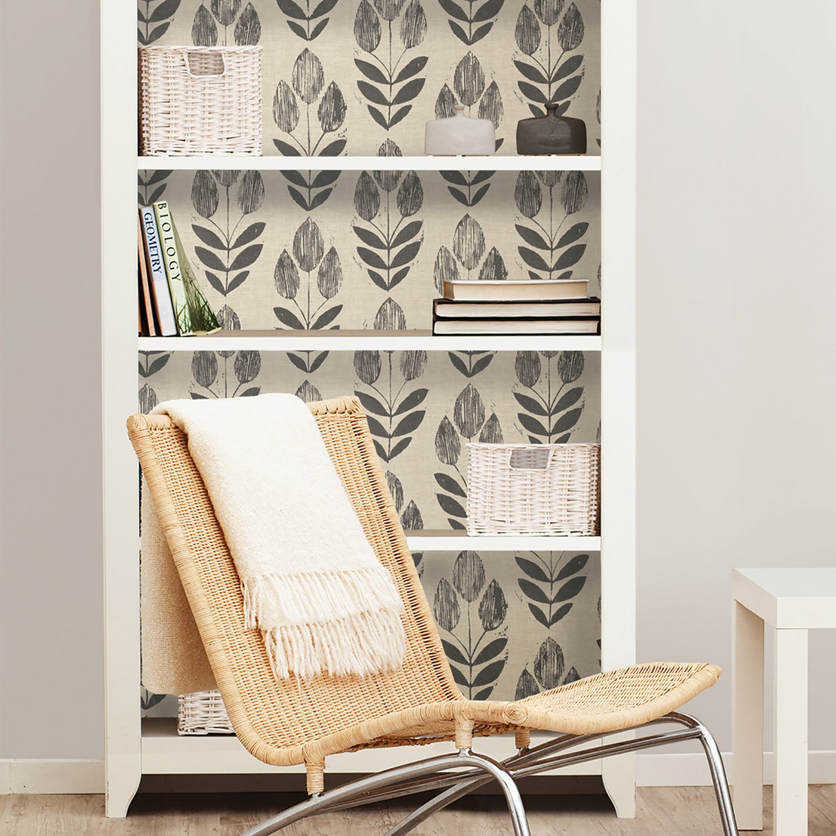 Folk Tulip Charcoal Peel & Stick Wallpaper with Scandinavian Motif - NuWallpaper NUS2459