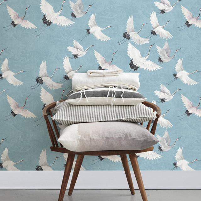 Halcyon Blue Peel & Stick Wallpaper with Hand-Painted Crane Pattern - NuWallpaper NU2680